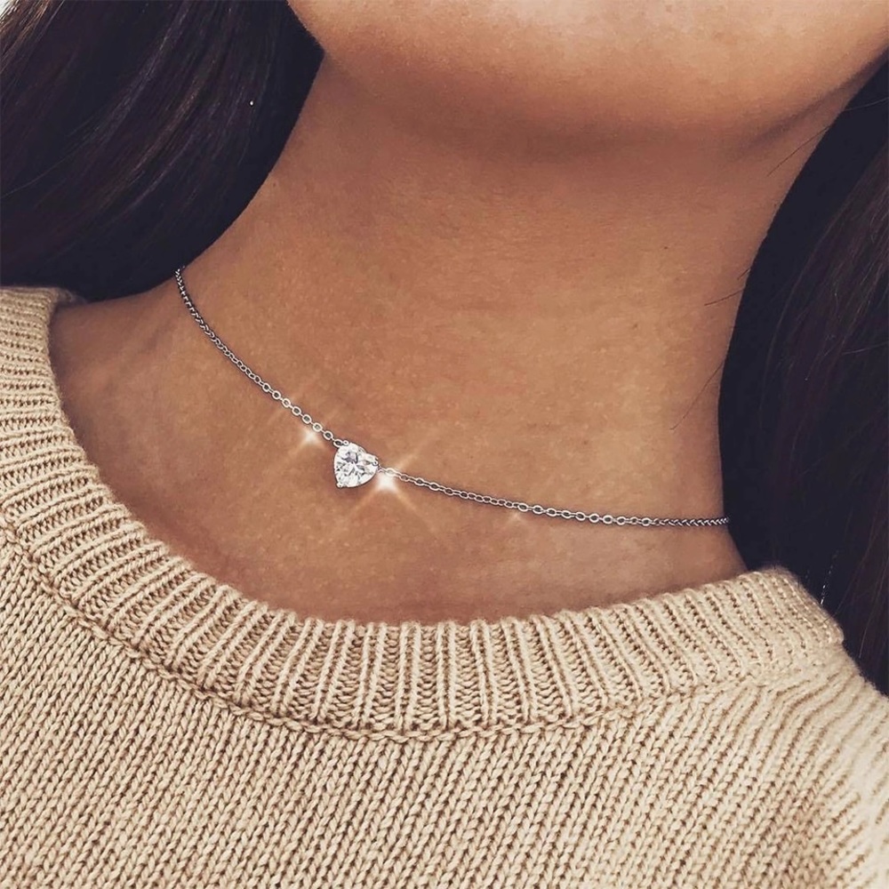 NEW Heart Rhinestone Silver Necklace